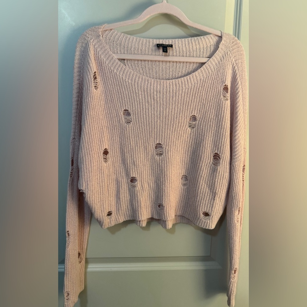 Express Soft Pink Cropped sweater with a distressed  look in size large